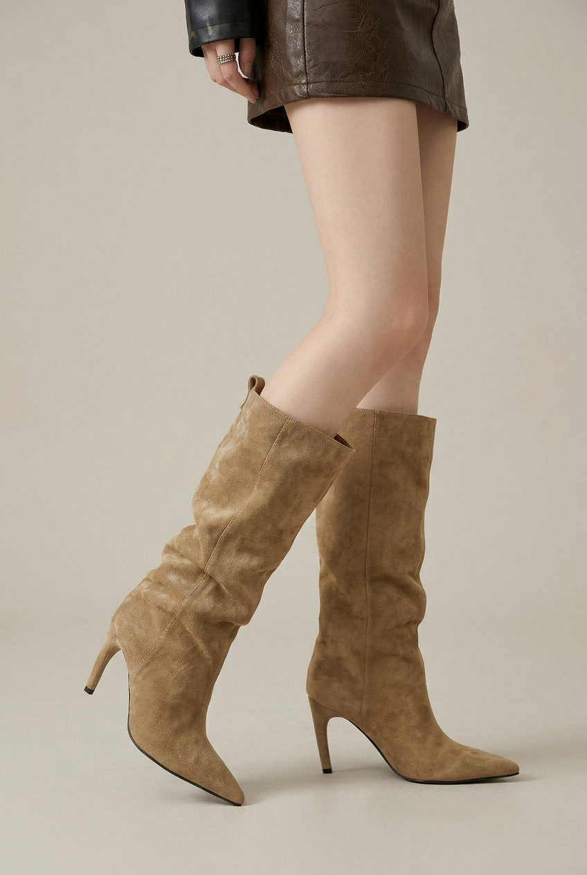 Women's Pointed Toe Stiletto Knee-High Boots – Sleek Satin Finish Dress Heel