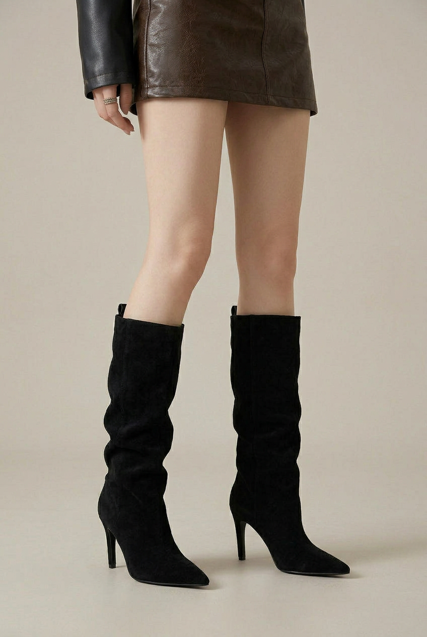 Crescent | Women's Pointed Toe Stiletto Knee-High Boots – Sleek Satin Finish Dress Heel