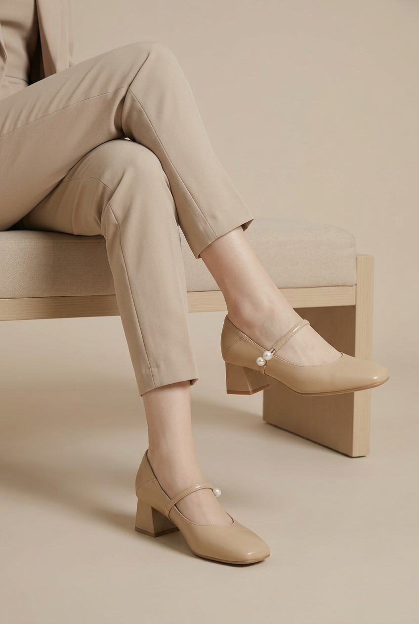 Crescent | Women's Mary Jane Shoes Square-Toe 5cm Block-Heel Buckle-Strap Leather Heels