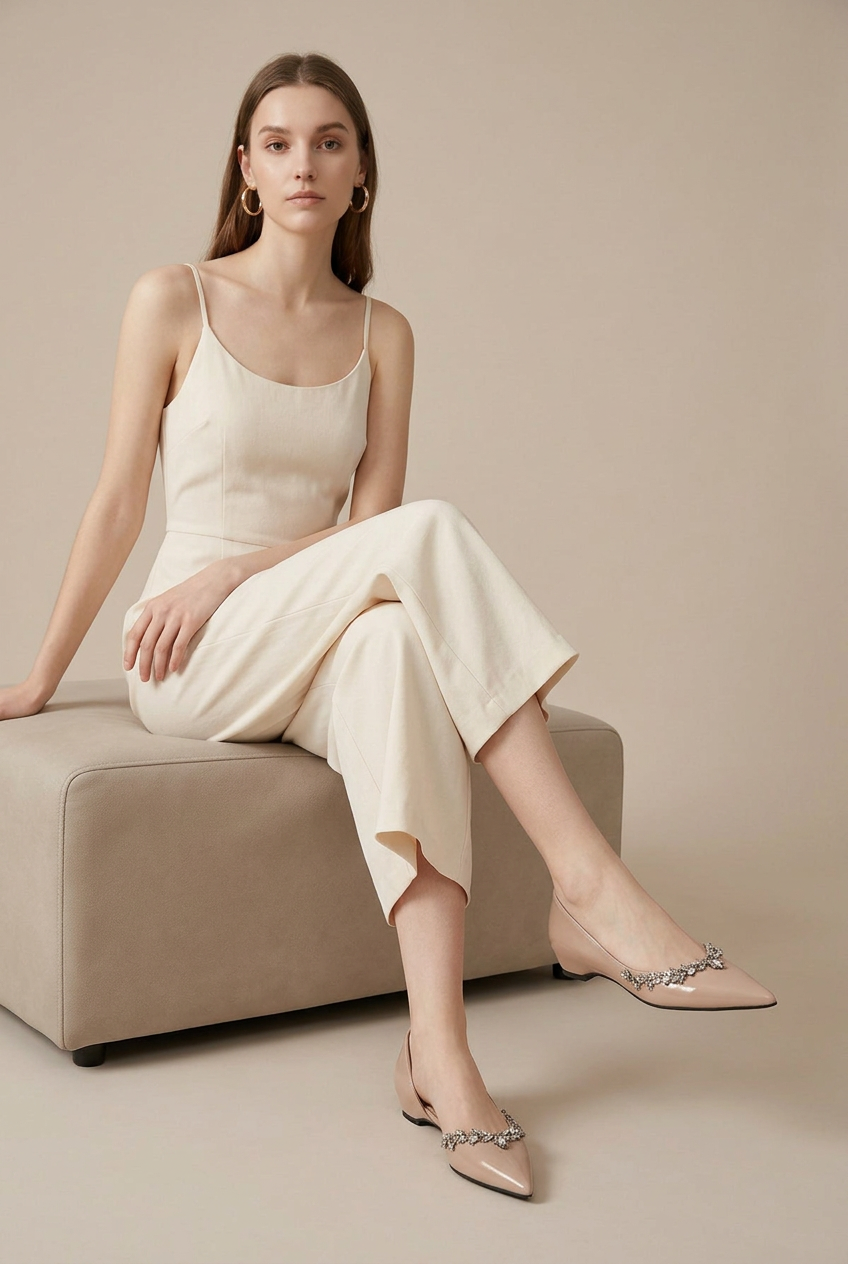 Crescent | Women's Pointed-Toe Shoes Rhinestone Side-Cutout Slip-On Hidden-Heel Dress Flats