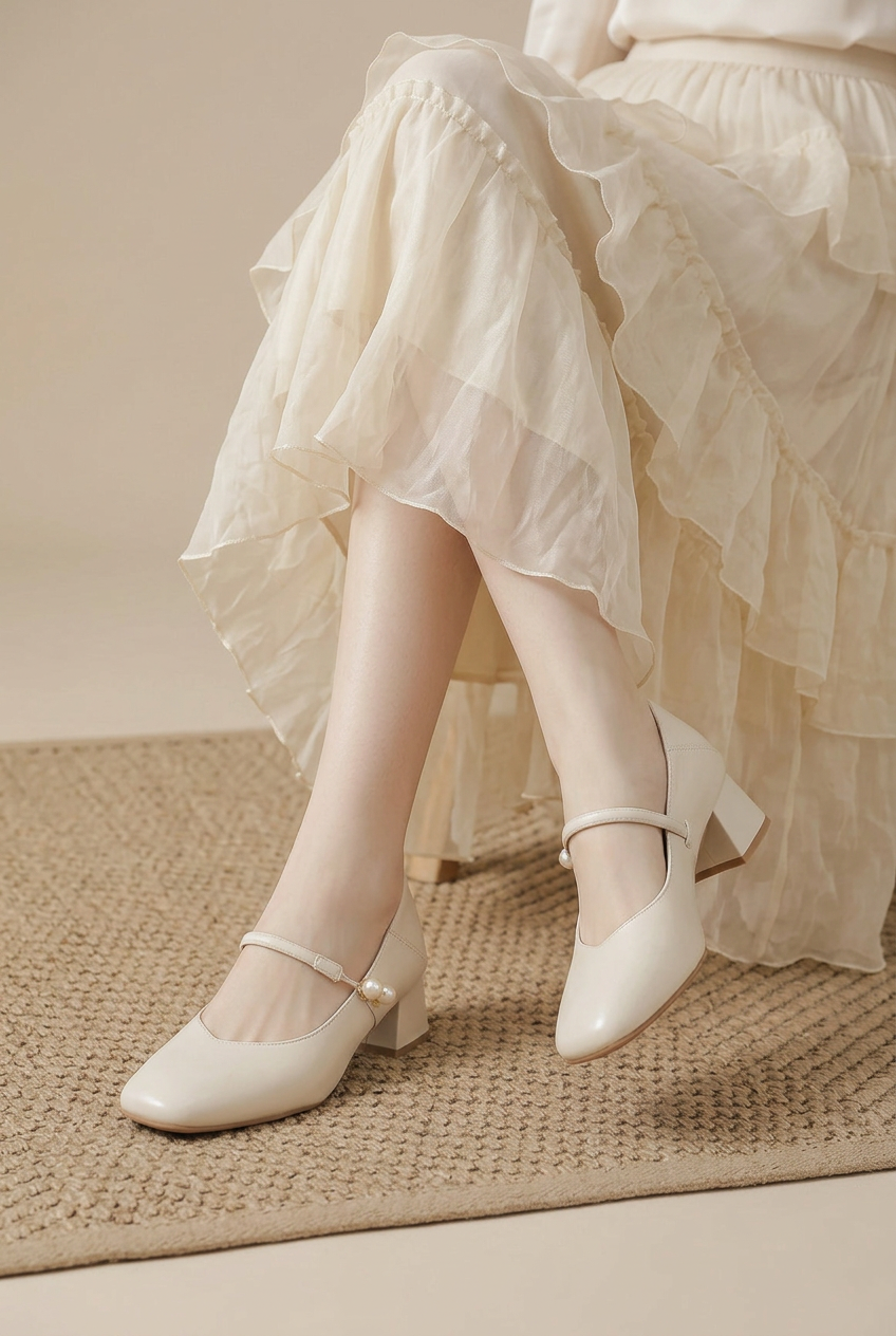 Crescent | Women's Mary Jane Shoes Square-Toe Block-Heel Buckle-Strap Leather Heels