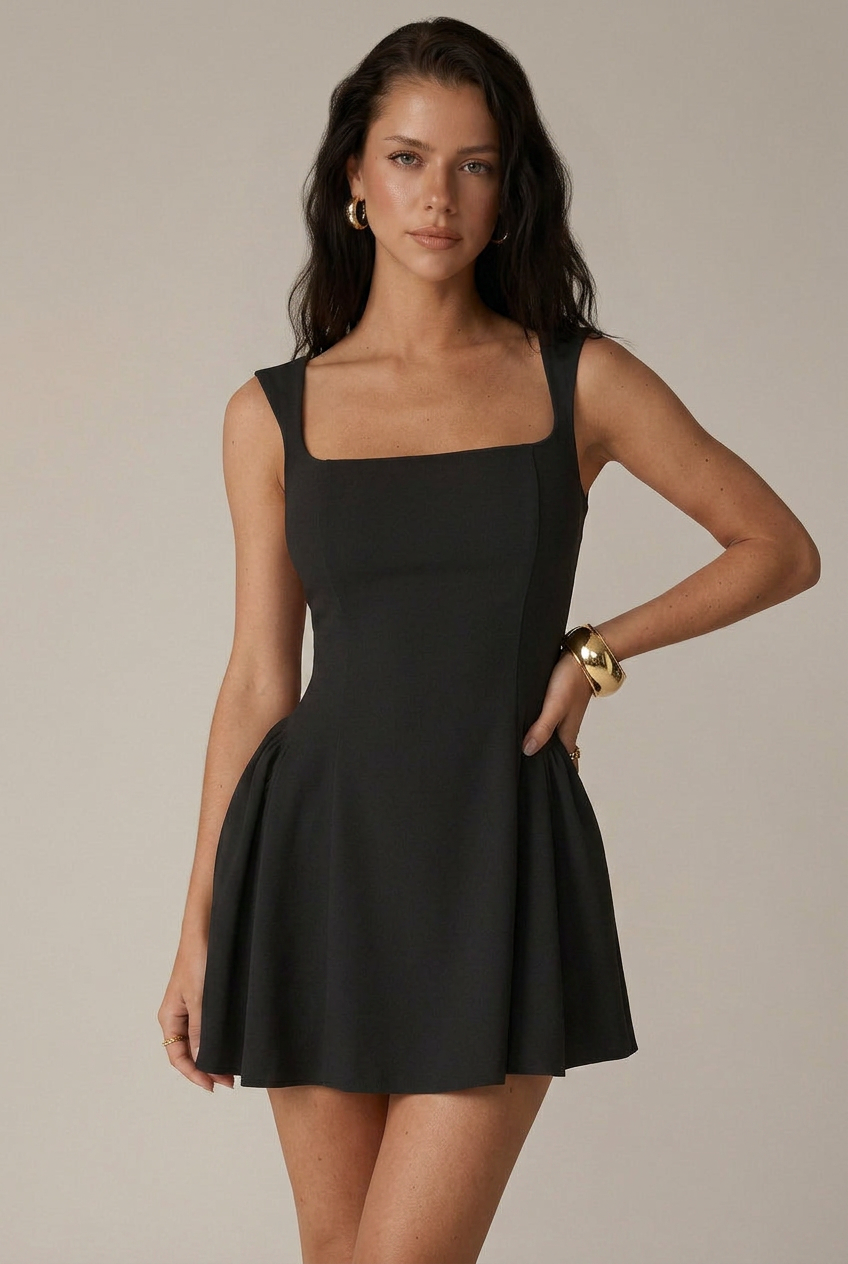 Women's Square Neck Bodycon Mini Dress – Sleeveless Knit High Waist A-Line Stretch