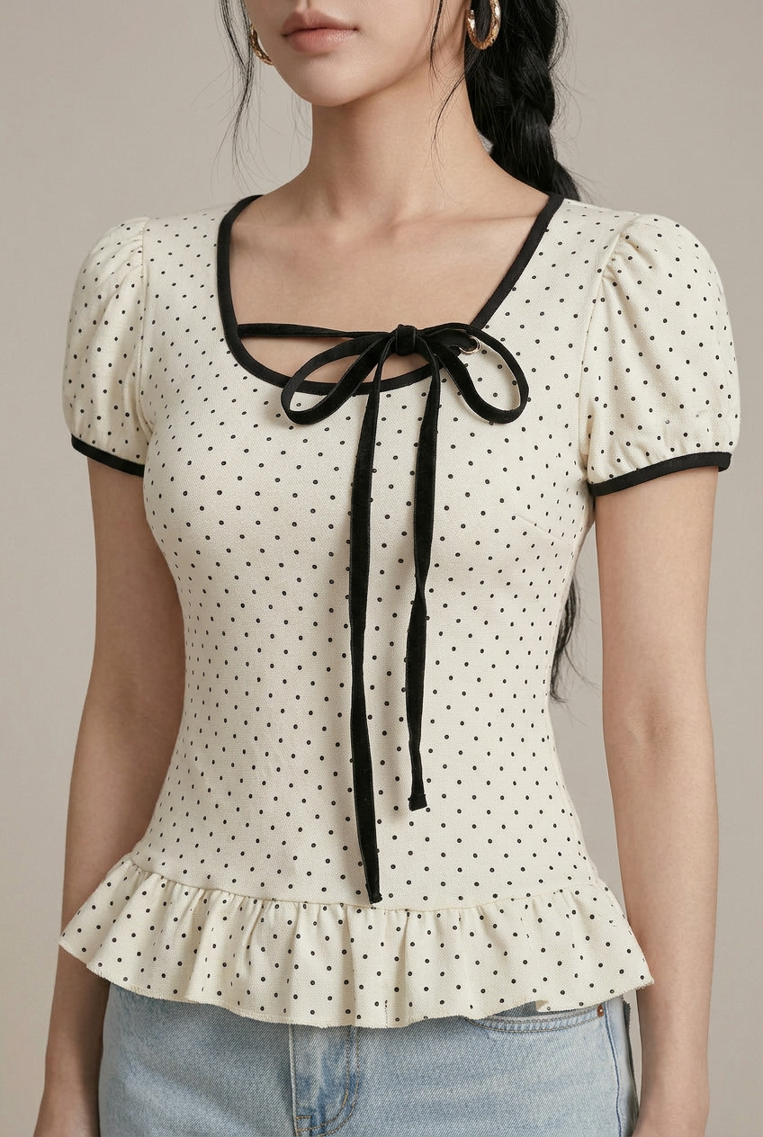 Women's Polka Dot Puff Sleeve Top - Ruffled Hem Bow Tie Slim Fit Blouse