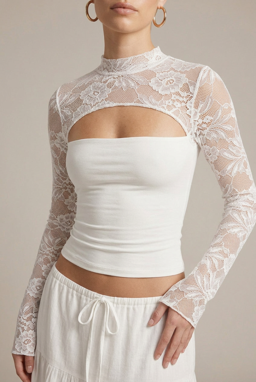 Women's Slim Fit Cropped Top - Bell Sleeve Lace Cut-Out Round Neck Blouse