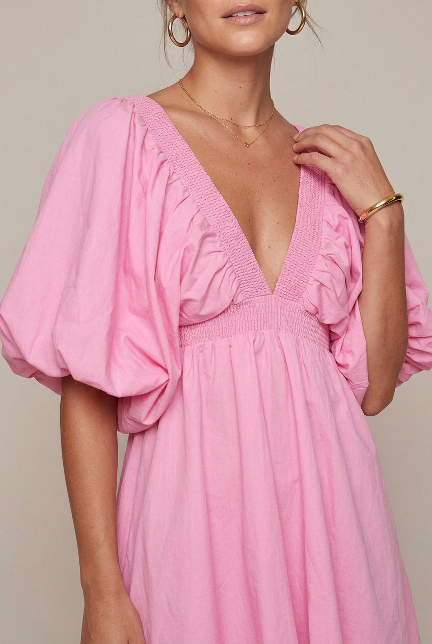 Women's Puff Sleeve V Neck Bodycon Mini Dress – Open-Back High Waist Pencil Pullover