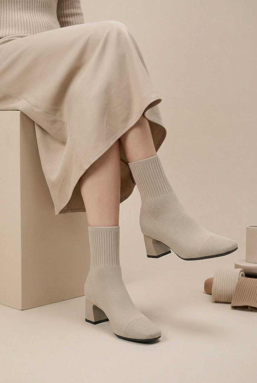 Crescent | Knitted Sock Boots Women Chunky Heel Square Toe Elastic Stretch