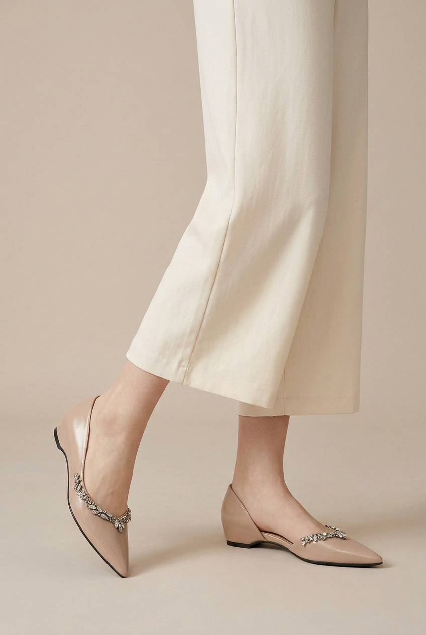 Crescent | Women's Pointed-Toe Shoes Rhinestone Side-Cutout Slip-On Hidden-Heel Dress Flats