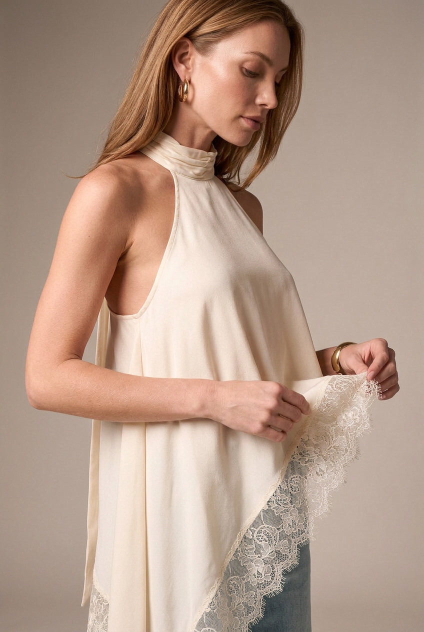 Women's Satin Halter Vest - Lace Trim Asymmetric Sleeveless A-Line Top