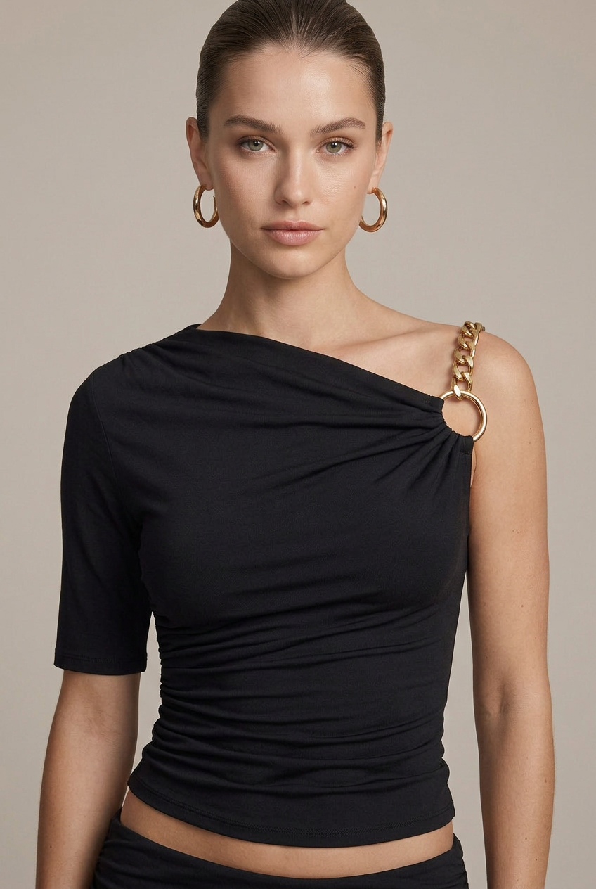 Women's Off-Shoulder Top - Metal Buckle Slanted Collar Slim Fit Short Sleeve Shirt