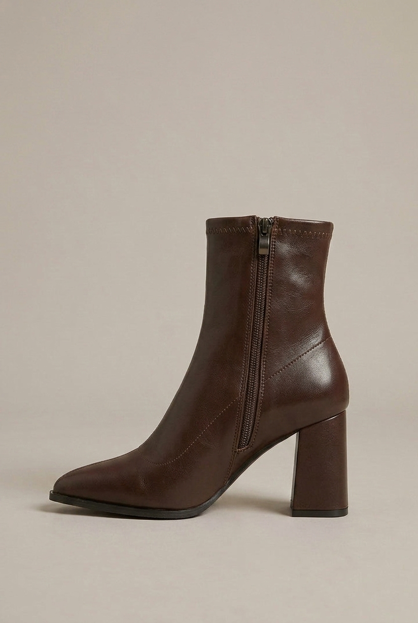 Women's Mid-Top PU Boots - Pointed Toe Back Zipper Thick Heel Luna Body Co