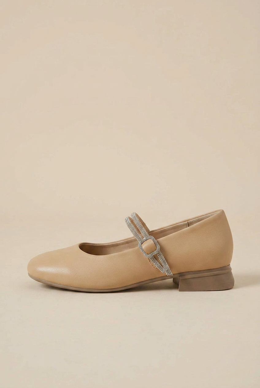 Women's Sheepskin Mary Jane Shoes – Rhinestone Accent, Square Toe, Low Block Heel Luna Body Co