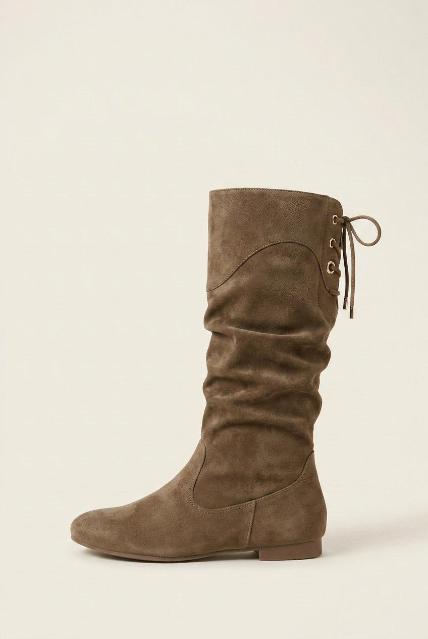 Women's Mid-Calf Knight Boots – Chunky Heel Pleated Suede Round Toe Rear Lace-Up Luna Body Co