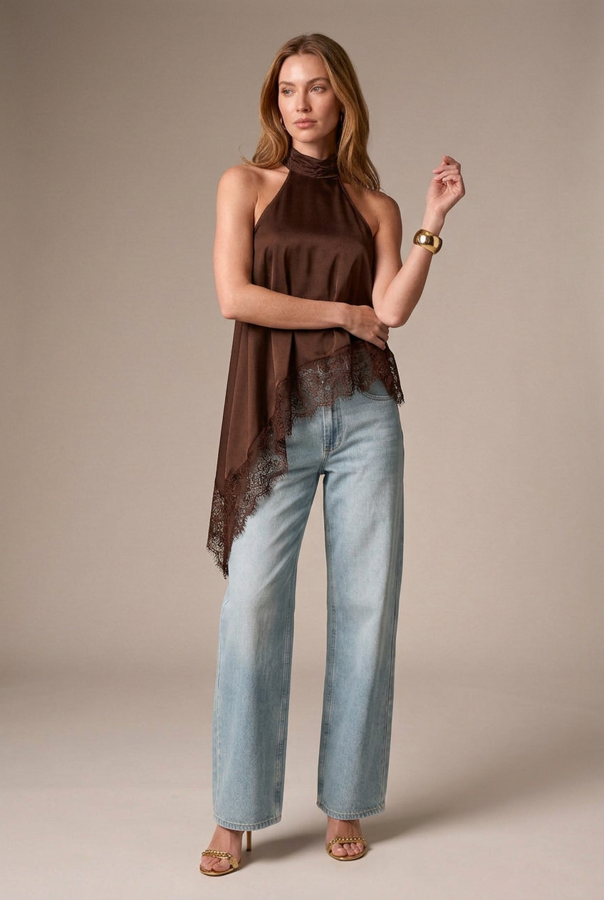 Women's Satin Halter Vest - Lace Trim Asymmetric Sleeveless A-Line Top