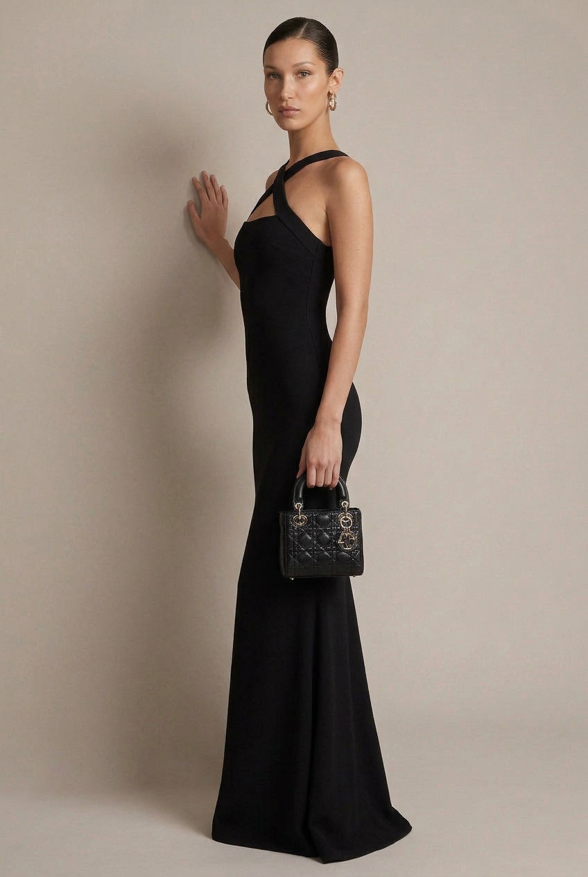 Women's Cross Halter Neck Backless Maxi Dress – Sleeveless V Neck High Waist Evening Gown
