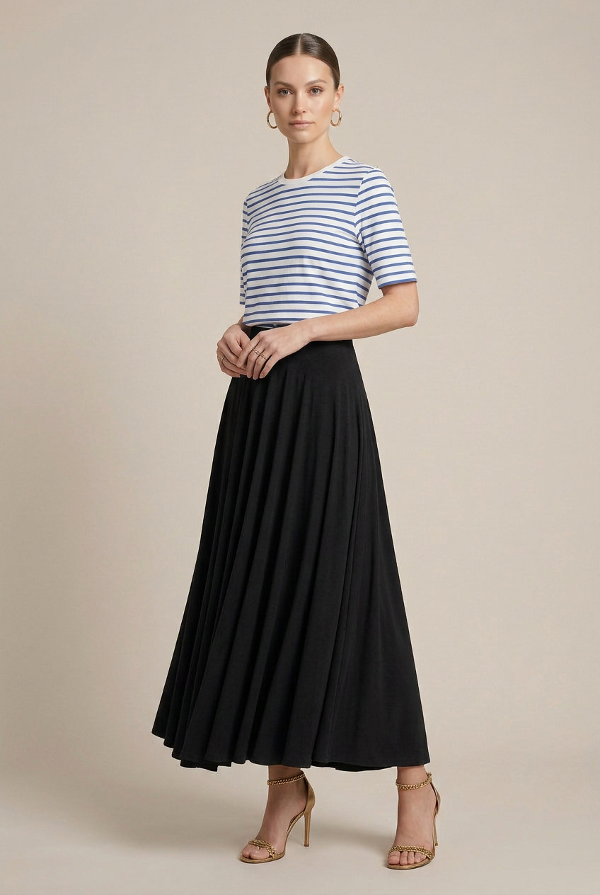 Women's Pleated A-Line Midi Skirt – Soft Cotton Modal Blend, High-Waist Elastic Band, Flowy Umbrella Silhouette