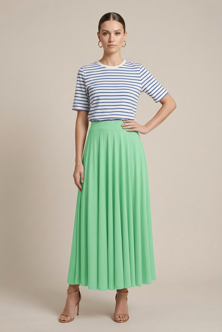 Women's Pleated A-Line Midi Skirt – Soft Cotton Modal Blend, High-Waist Elastic Band, Flowy Umbrella Silhouette