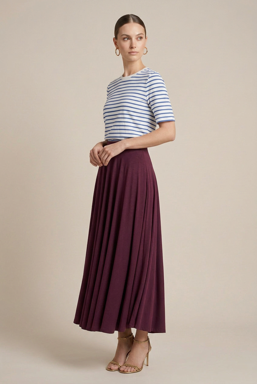 Women's Pleated A-Line Midi Skirt – Soft Cotton Modal Blend, High-Waist Elastic Band, Flowy Umbrella Silhouette
