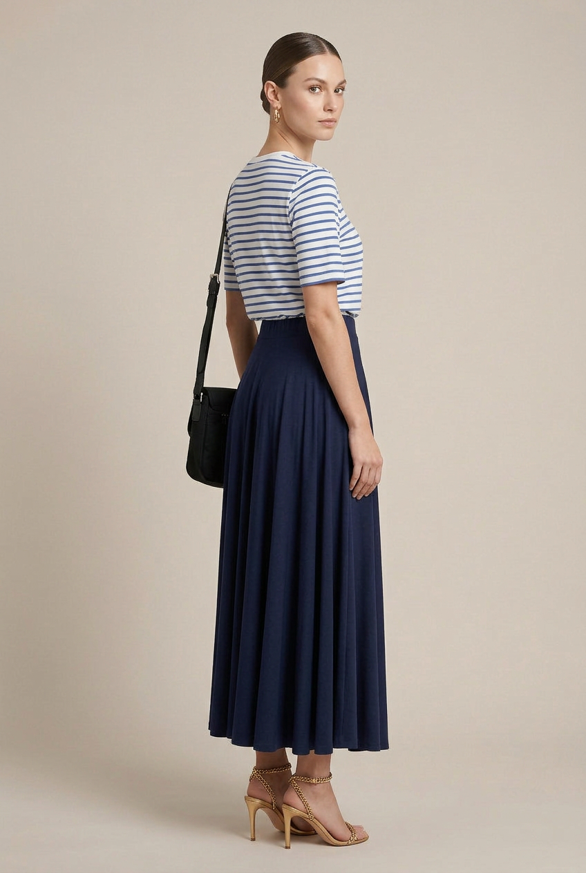 Women's Pleated A-Line Midi Skirt – Soft Cotton Modal Blend, High-Waist Elastic Band, Flowy Umbrella Silhouette