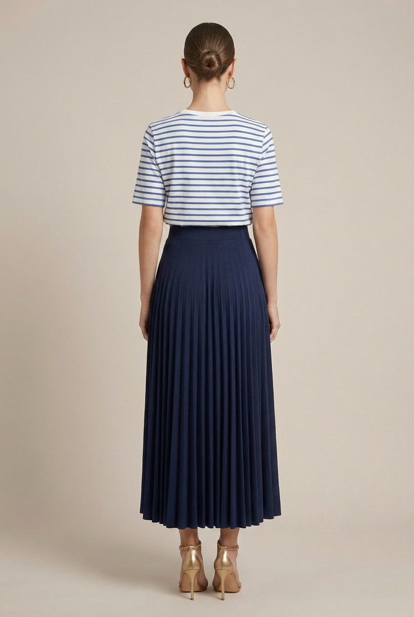 Women's Pleated A-Line Midi Skirt – Soft Cotton Modal Blend, High-Waist Elastic Band, Flowy Umbrella Silhouette