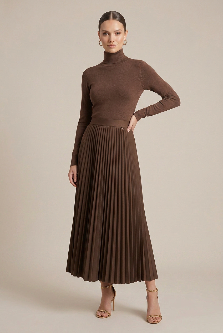 Women's Pleated Wool-Blend Midi Skirt – Draped High-Waist Design, Crumpled Texture, Full Swing Ankle Length