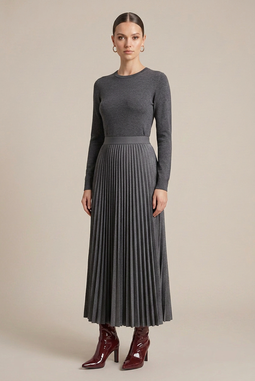 Women's Pleated Wool-Blend Midi Skirt – Draped High-Waist Design, Crumpled Texture, Full Swing Ankle Length