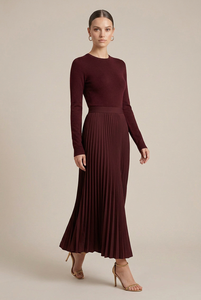 Women's Pleated Wool-Blend Midi Skirt – Draped High-Waist Design, Crumpled Texture, Full Swing Ankle Length