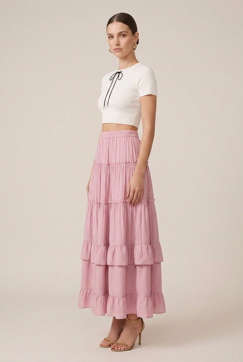 Women's Ruffled Tiered Maxi Skirt – Soft Acrylic Polyester Blend, Micro-Stretch Waist, Cake Hem Silhouette