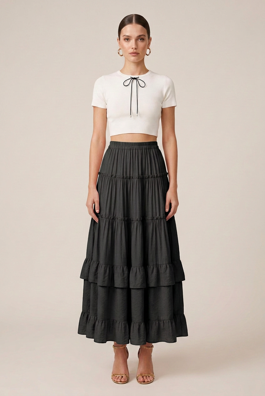 Women's Ruffled Tiered Maxi Skirt – Soft Acrylic Polyester Blend, Micro-Stretch Waist, Cake Hem Silhouette