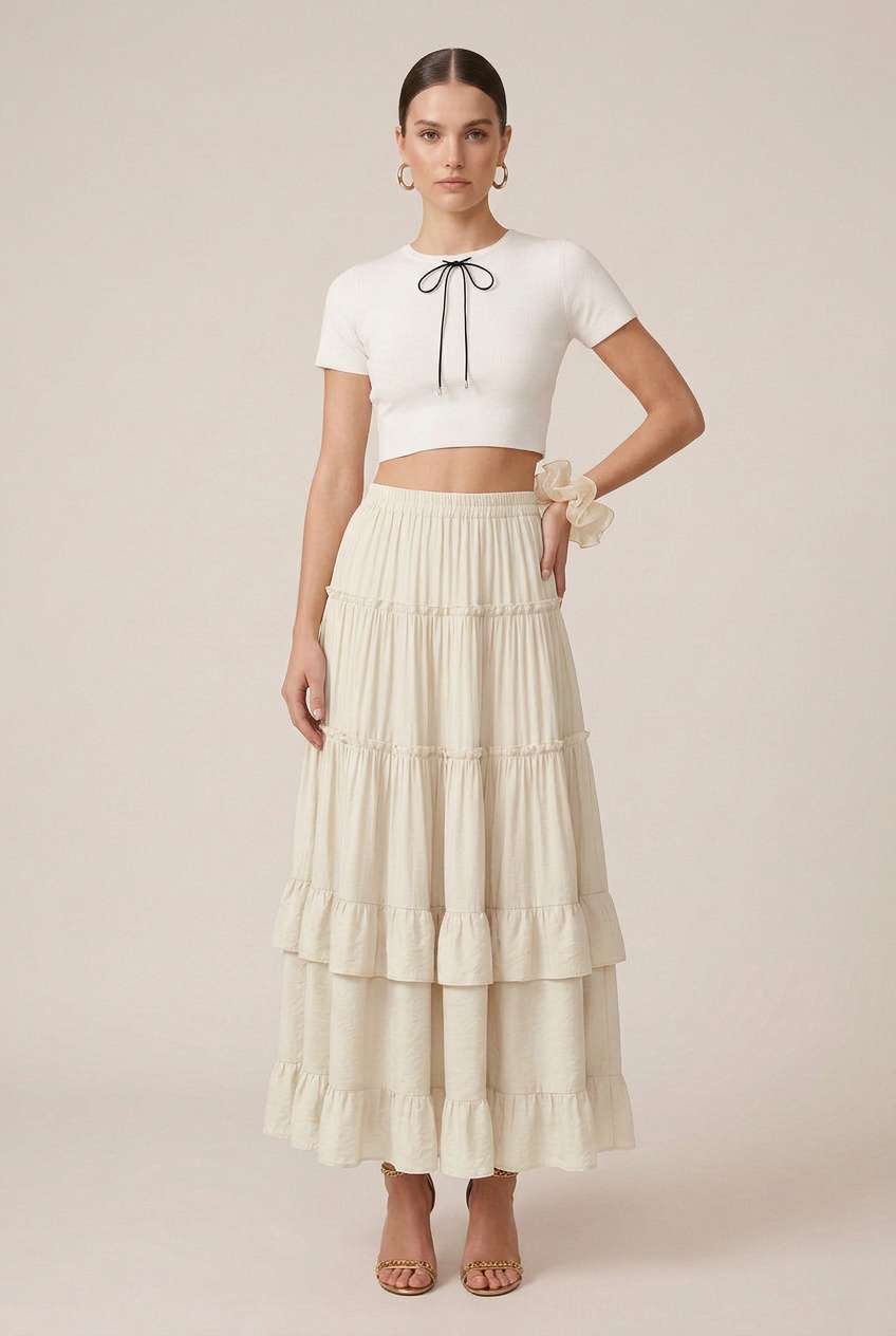 Women's Ruffled Tiered Maxi Skirt – Soft Acrylic Polyester Blend, Micro-Stretch Waist, Cake Hem Silhouette