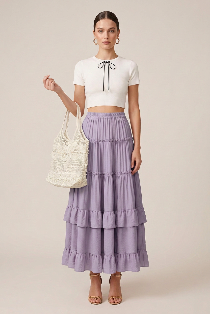 Women's Ruffled Tiered Maxi Skirt – Soft Acrylic Polyester Blend, Micro-Stretch Waist, Cake Hem Silhouette