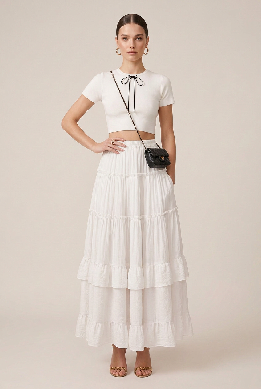Women's Ruffled Tiered Maxi Skirt – Soft Acrylic Polyester Blend, Micro-Stretch Waist, Cake Hem Silhouette