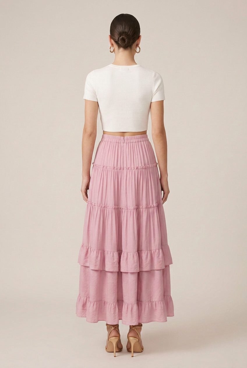 Women's Ruffled Tiered Maxi Skirt – Soft Acrylic Polyester Blend, Micro-Stretch Waist, Cake Hem Silhouette
