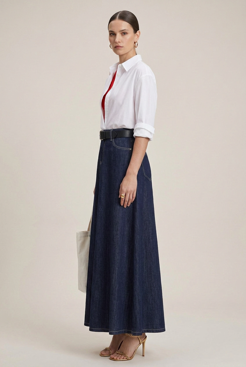 Women's High-Waist Denim Midi Skirt – Tencel Lyocell Cotton Blend, Washed Finish, A-Line Silhouette