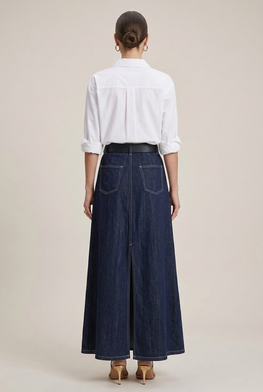 Women's High-Waist Denim Midi Skirt – Tencel Lyocell Cotton Blend, Washed Finish, A-Line Silhouette