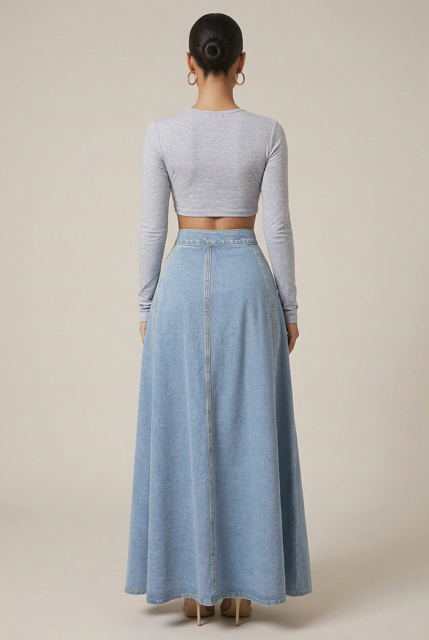 Women's High-Waist Denim Maxi Skirt – Button-Front A-Line Silhouette, Zipper Detail, Solid Wash Finish