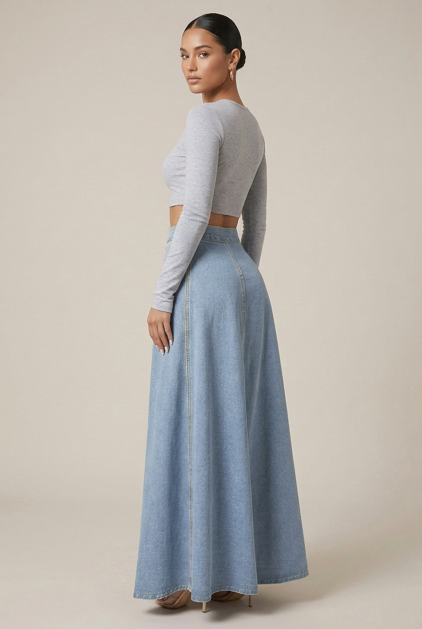 Women's High-Waist Denim Maxi Skirt – Button-Front A-Line Silhouette, Zipper Detail, Solid Wash Finish
