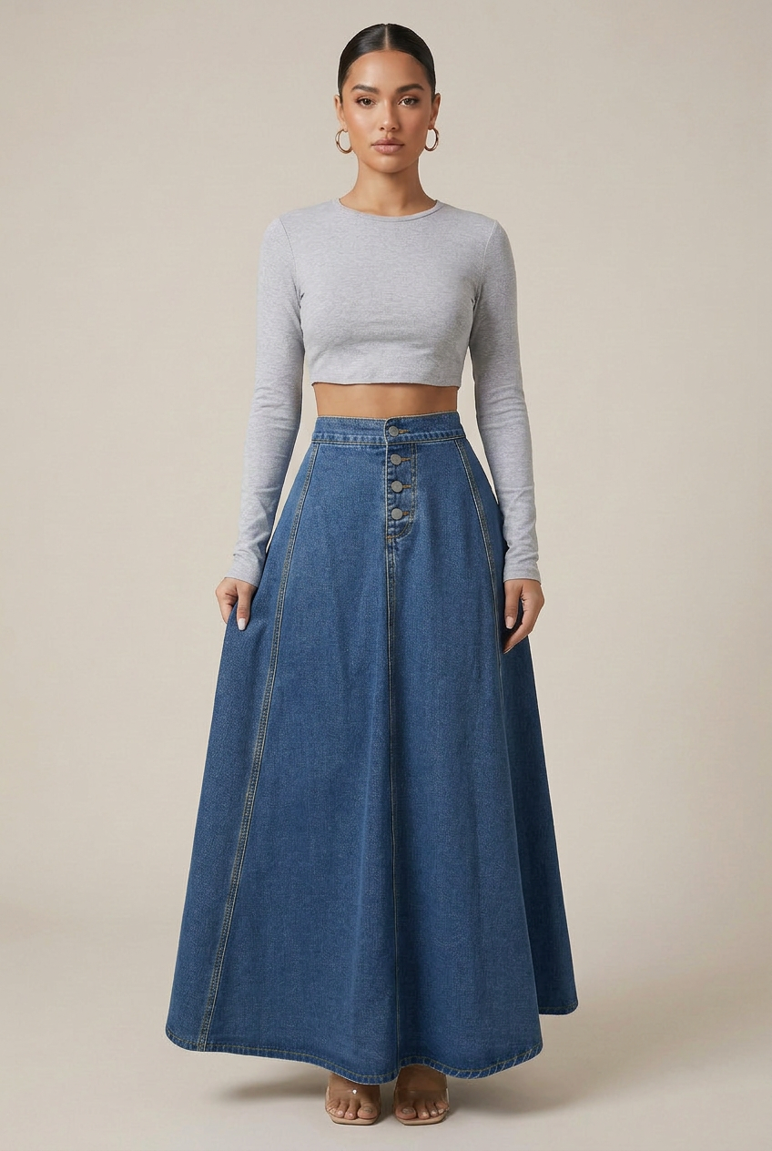 Women's High-Waist Denim Maxi Skirt – Button-Front A-Line Silhouette, Zipper Detail, Solid Wash Finish