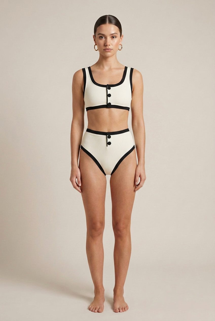 Women's Two-Piece Swimsuit – Nylon Spandex Blend, Quick-Dry, Button Detail, High-Stretch Sleeveless Bikini Set