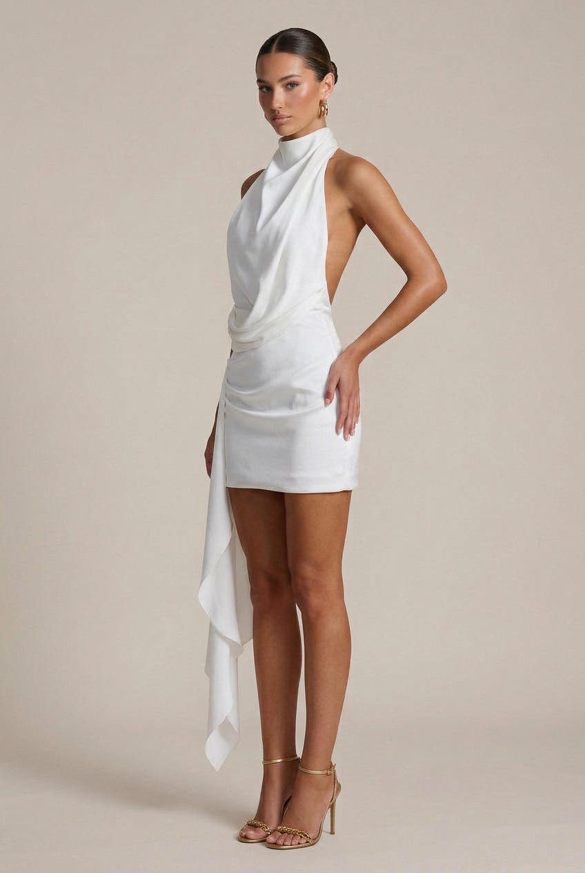 Women's Satin Halter Mini Dress – Backless Bodycon with Ribbon Tie Detail