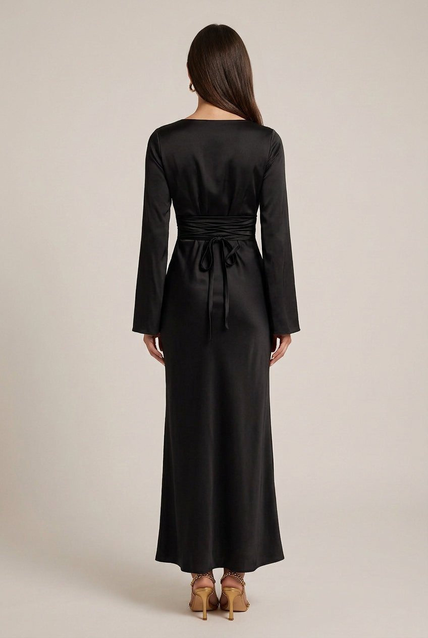 Women's Satin Maxi Bodycon Dress – Round Neck Flare Sleeve Lace-Up Waist