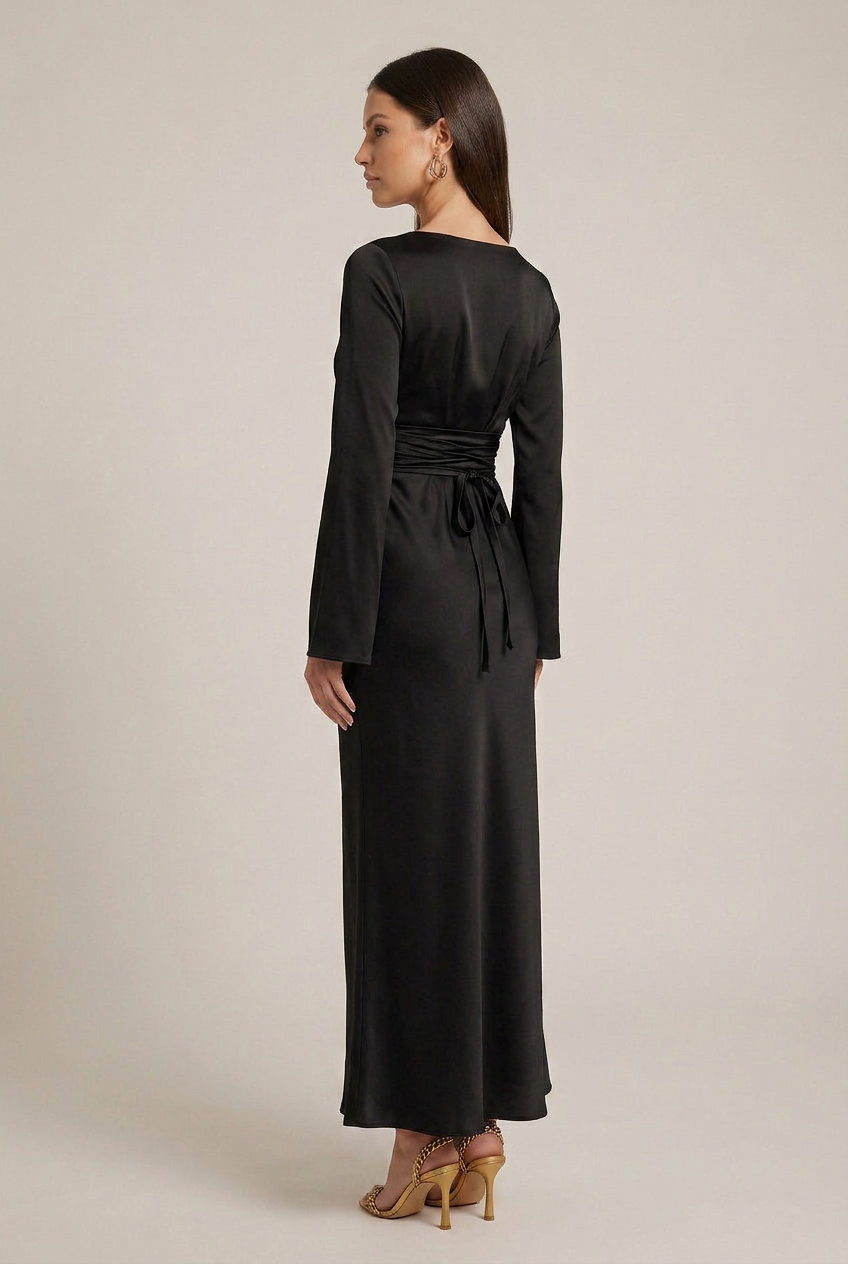 Women's Satin Maxi Bodycon Dress – Round Neck Flare Sleeve Lace-Up Waist