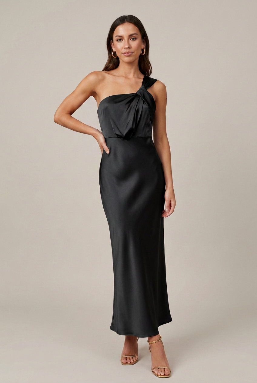 Women's Satin Maxi Evening Dress – Sleeveless Backless Fishtail Hem with Slant Neckline