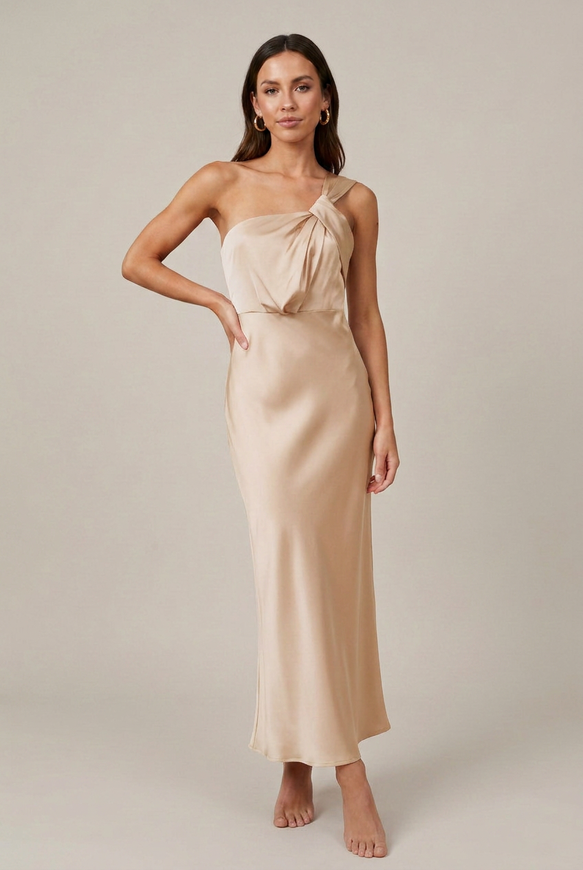 Women's Satin Maxi Evening Dress – Sleeveless Backless Fishtail Hem with Slant Neckline