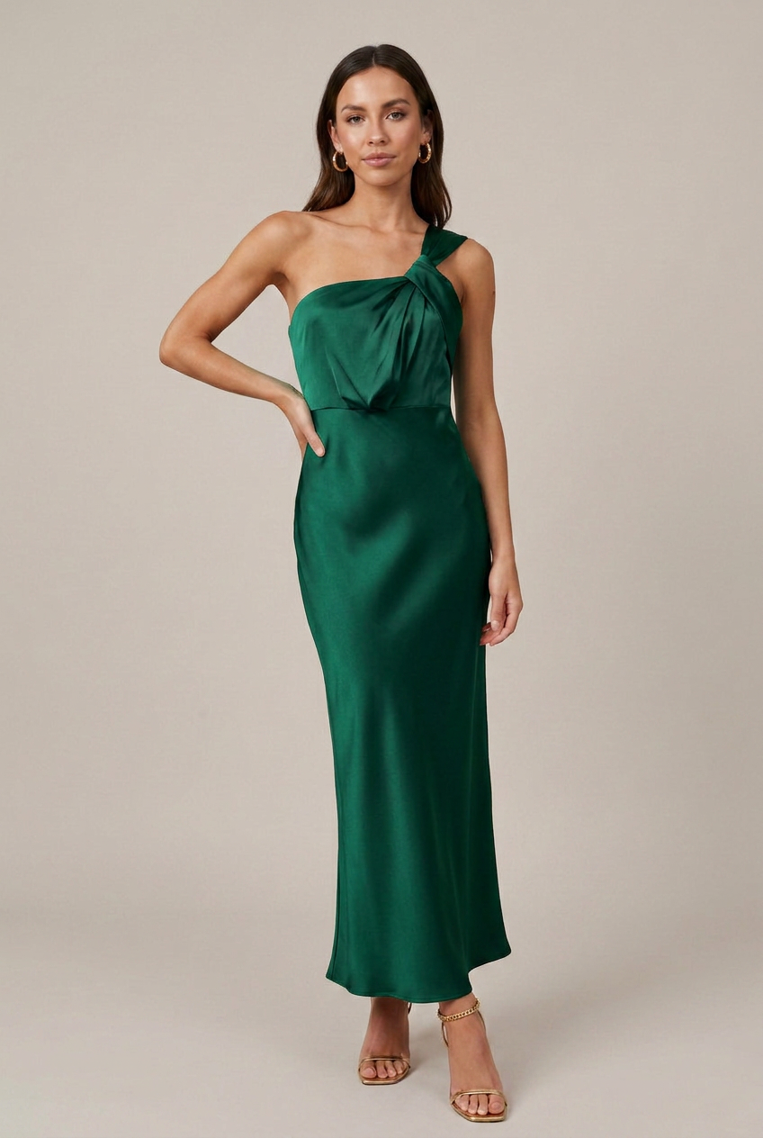 Women's Satin Maxi Evening Dress – Sleeveless Backless Fishtail Hem with Slant Neckline