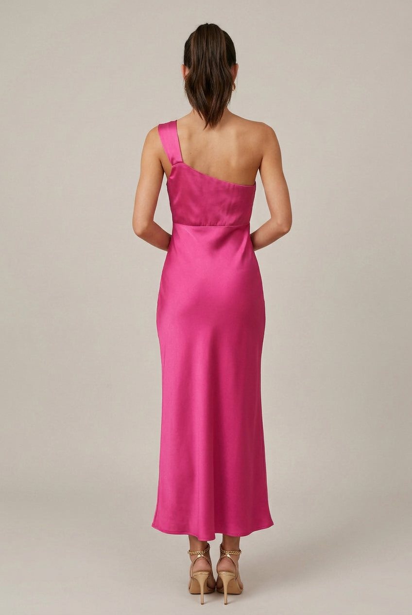 Women's Satin Maxi Evening Dress – Sleeveless Backless Fishtail Hem with Slant Neckline
