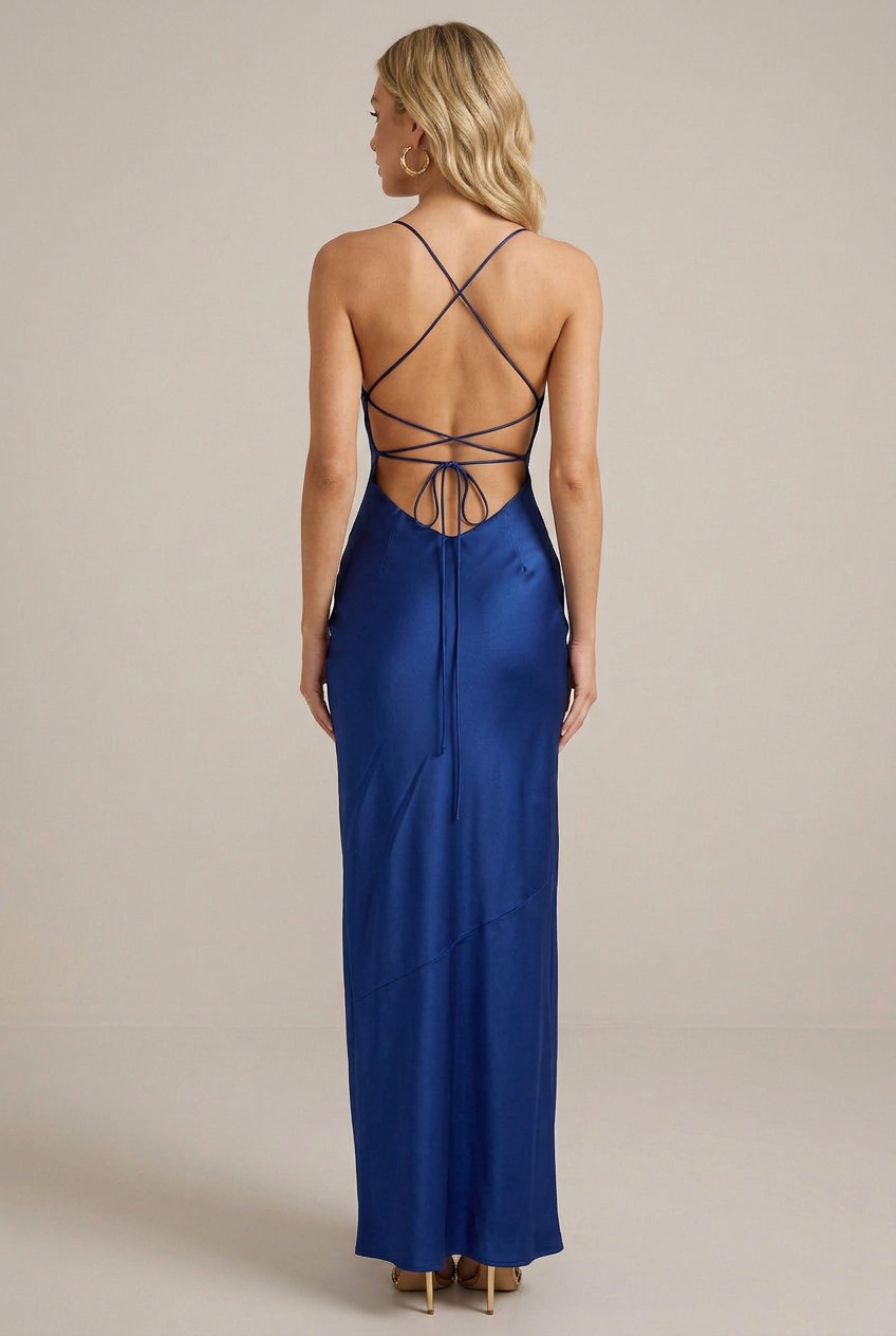 Women's Satin Maxi Dress – V-Neck Backless High-Waist Sleeveless Slip