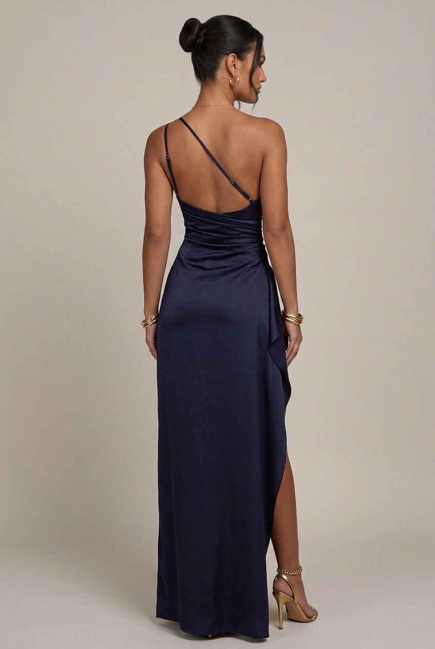 Women's One-Shoulder Satin Maxi Dress – Pleated Slit Backless Bodycon Evening Gown
