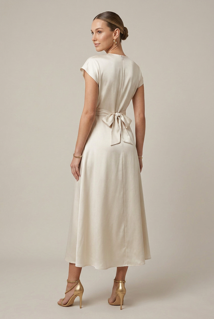 Women's Satin One-Shoulder Midi Dress – Round Neck High Waist Lace-Up Cocktail Dress