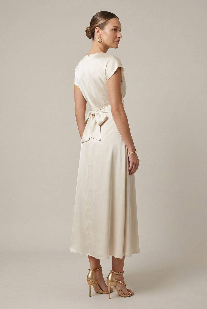 Women's Satin One-Shoulder Midi Dress – Round Neck High Waist Lace-Up Cocktail Dress