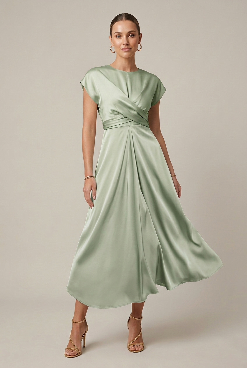 Women's Satin One-Shoulder Midi Dress – Round Neck High Waist Lace-Up Cocktail Dress